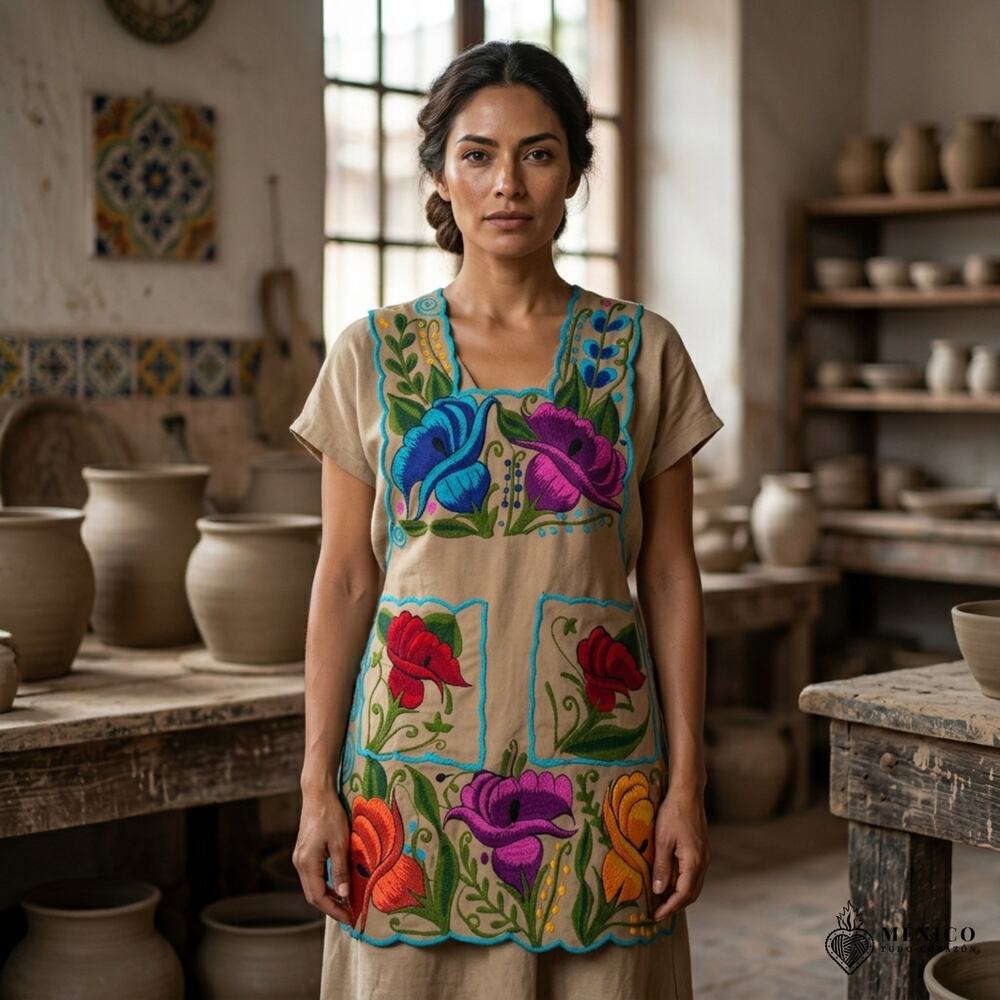 Tan  Mexican Embroidered Apron Essential Cotton Kitchen Apron Floral one size